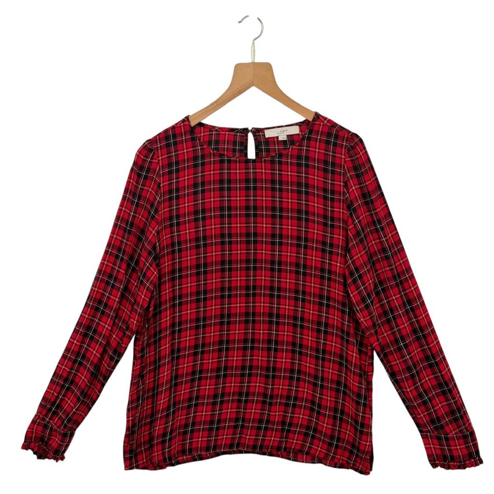 LOFT Red Black Plaid Rayon Ruffle Cuff Long Sleeve Blouse Size L